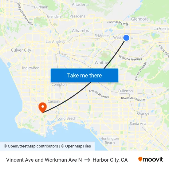 Vincent Ave and Workman Ave N to Harbor City, CA map