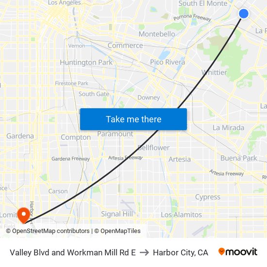 Valley Blvd and Workman Mill Rd E to Harbor City, CA map