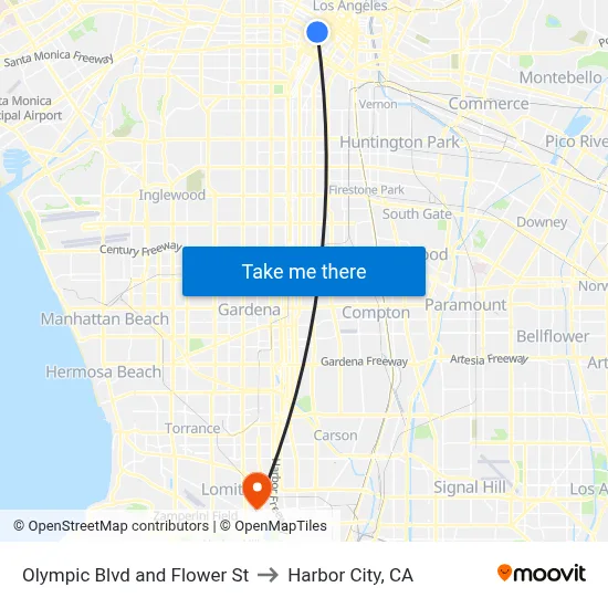Olympic Blvd and Flower St to Harbor City, CA map