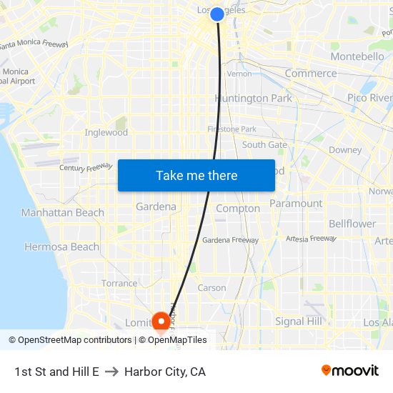 1st St and Hill E to Harbor City, CA map