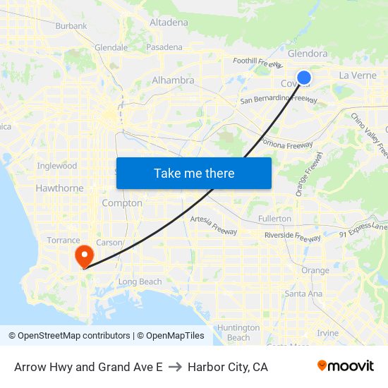 Arrow Hwy and Grand Ave E to Harbor City, CA map