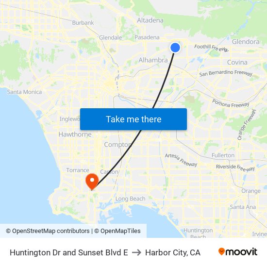 Huntington Dr and Sunset Blvd  E to Harbor City, CA map