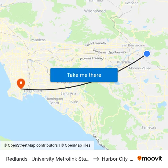 Redlands - University Metrolink Station to Harbor City, CA map