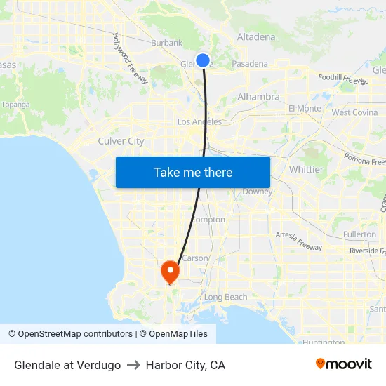Glendale at Verdugo to Harbor City, CA map