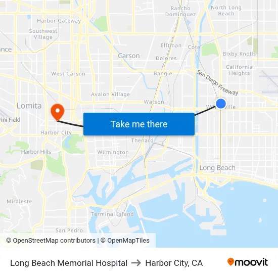 Long Beach Memorial Hospital to Harbor City, CA map