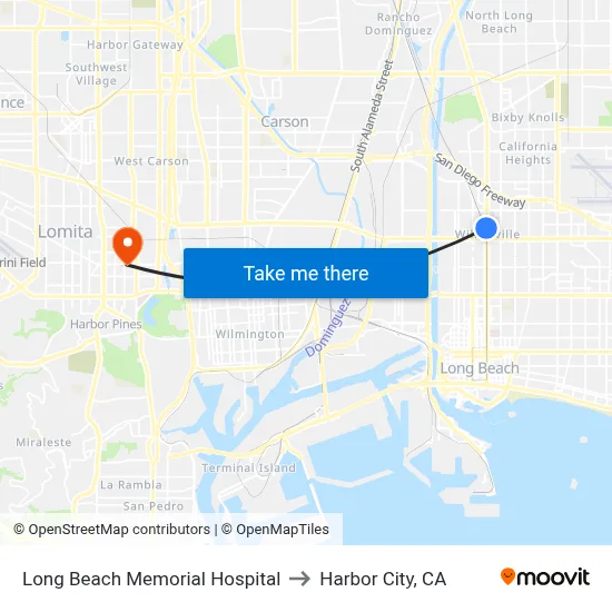 Long Beach Memorial Hospital to Harbor City, CA map