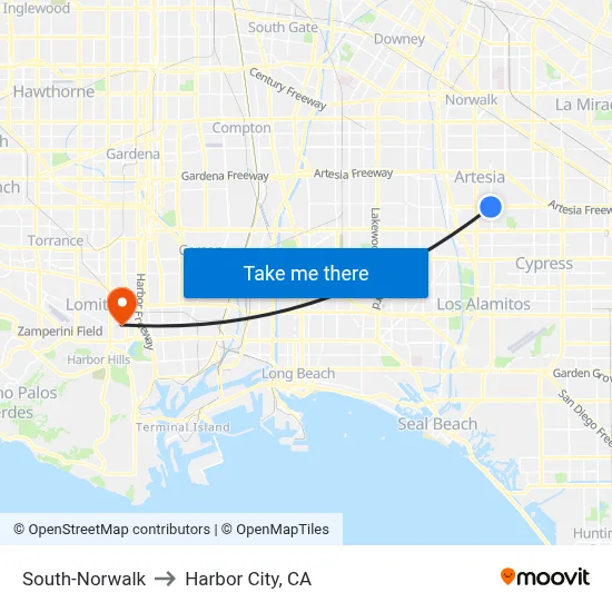 South-Norwalk to Harbor City, CA map