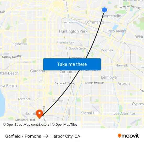 Garfield / Pomona to Harbor City, CA map