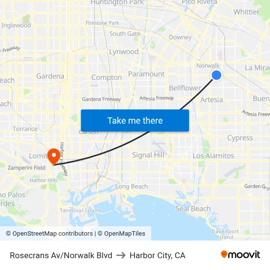 Rosecrans Av/Norwalk Blvd to Harbor City, CA map