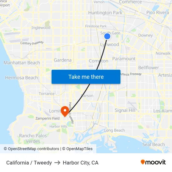 California / Tweedy to Harbor City, CA map
