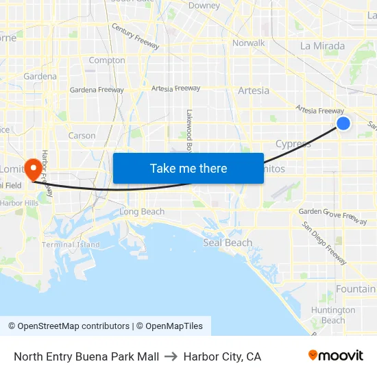 North Entry Buena Park Mall to Harbor City, CA map