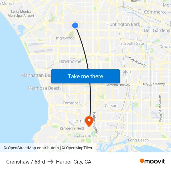 Crenshaw / 63rd to Harbor City, CA map