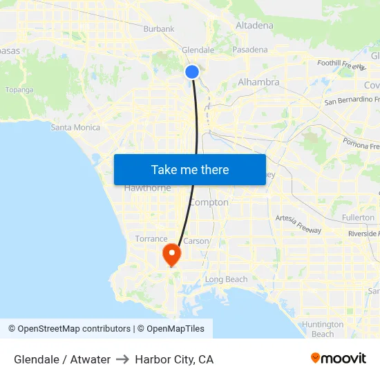 Glendale / Atwater to Harbor City, CA map