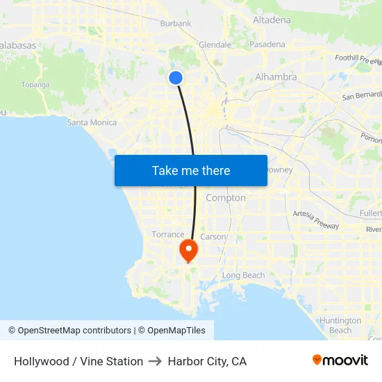 Hollywood / Vine Station to Harbor City, CA map