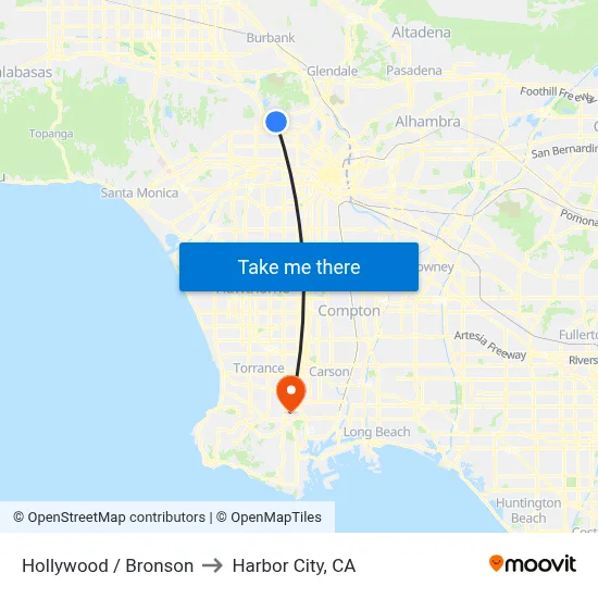 Hollywood / Bronson to Harbor City, CA map