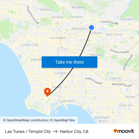 Las Tunas / Temple City to Harbor City, CA map