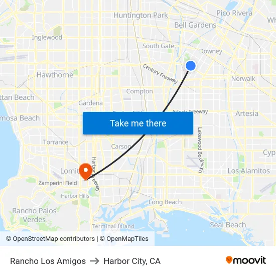 Rancho Los Amigos to Harbor City, CA map