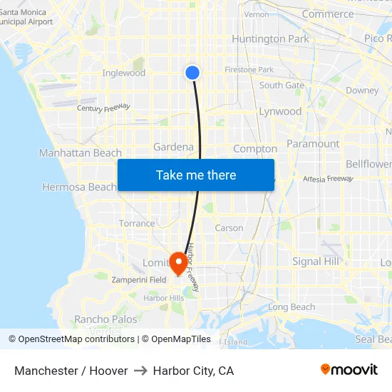 Manchester / Hoover to Harbor City, CA map