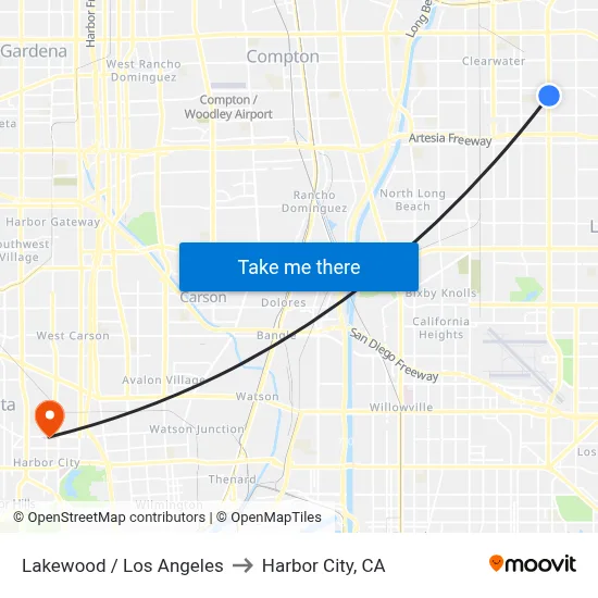 Lakewood / Los Angeles to Harbor City, CA map