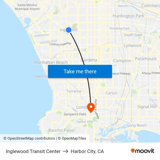 Inglewood Transit Center to Harbor City, CA map