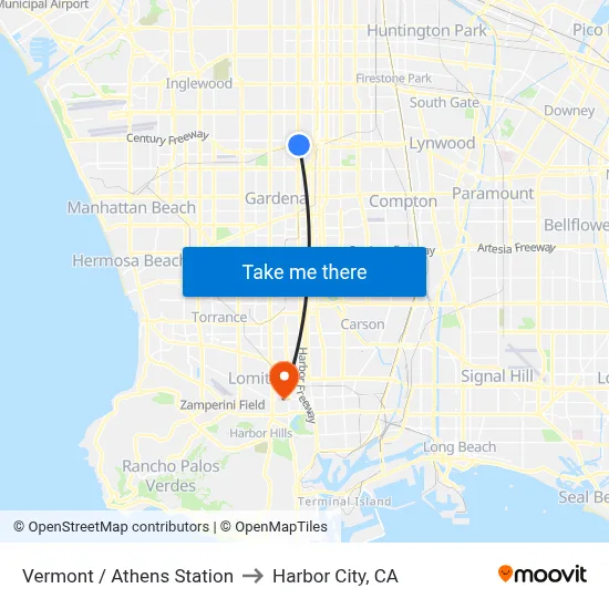 Vermont / Athens Station to Harbor City, CA map