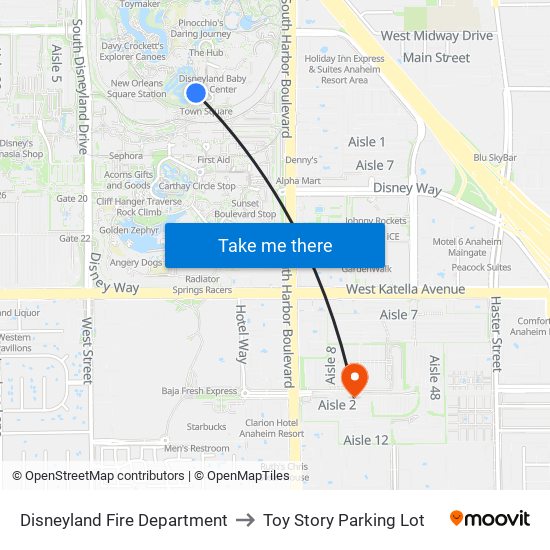 Disneyland Fire Department to Toy Story Parking Lot map