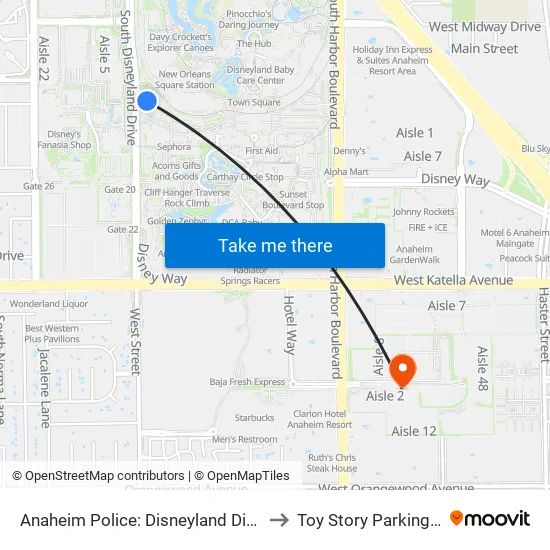 Anaheim Police: Disneyland Division to Toy Story Parking Lot map