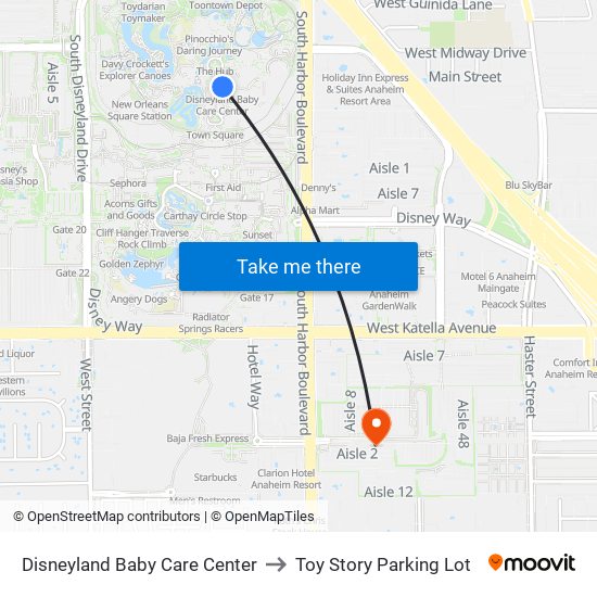 Disneyland Baby Care Center to Toy Story Parking Lot map