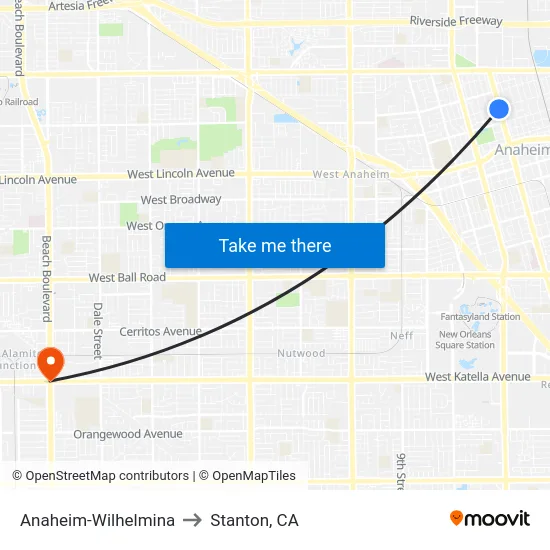 Anaheim-Wilhelmina to Stanton, CA map