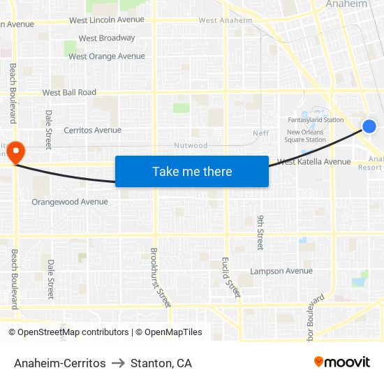 Anaheim-Cerritos to Stanton, CA map