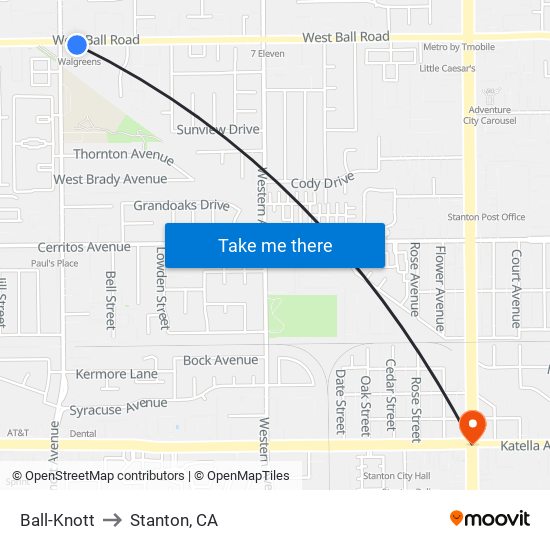 Ball-Knott to Stanton, CA map