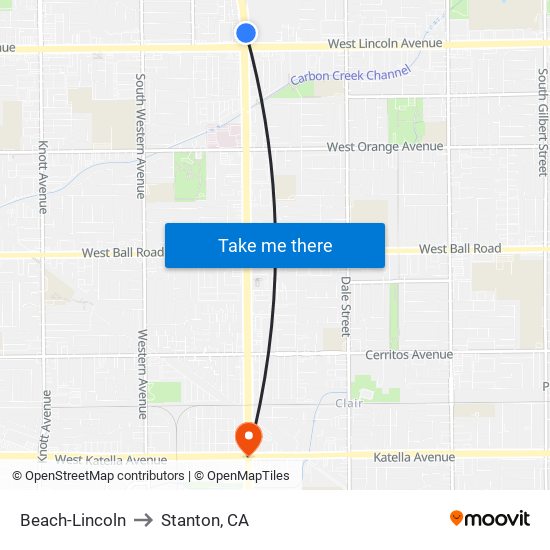 Beach-Lincoln to Stanton, CA map