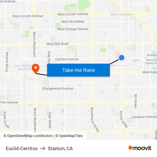 Euclid-Cerritos to Stanton, CA map