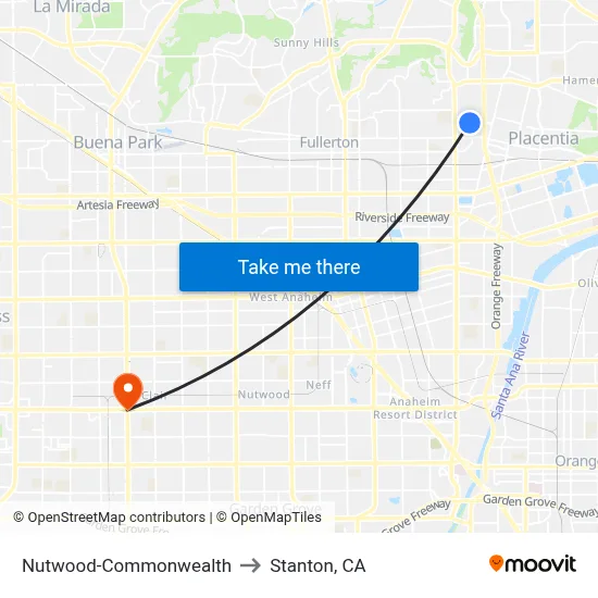 Nutwood-Commonwealth to Stanton, CA map