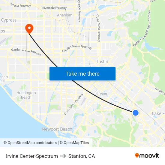 Irvine Center-Spectrum to Stanton, CA map