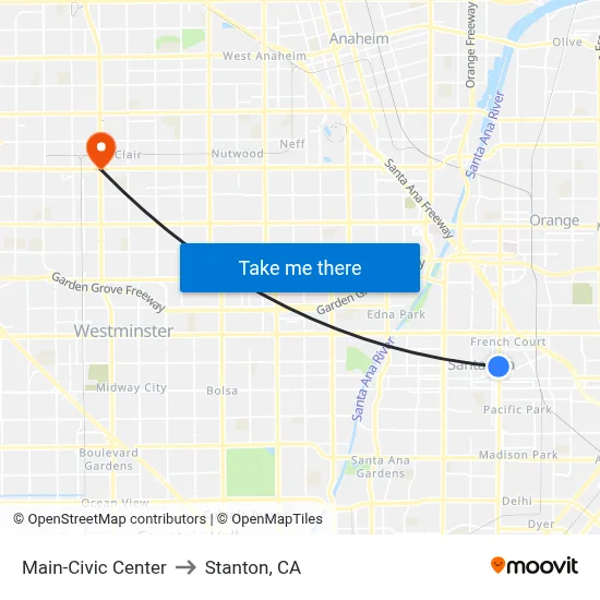 Main-Civic Center to Stanton, CA map