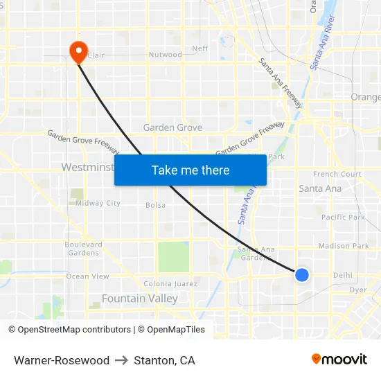Warner-Rosewood to Stanton, CA map