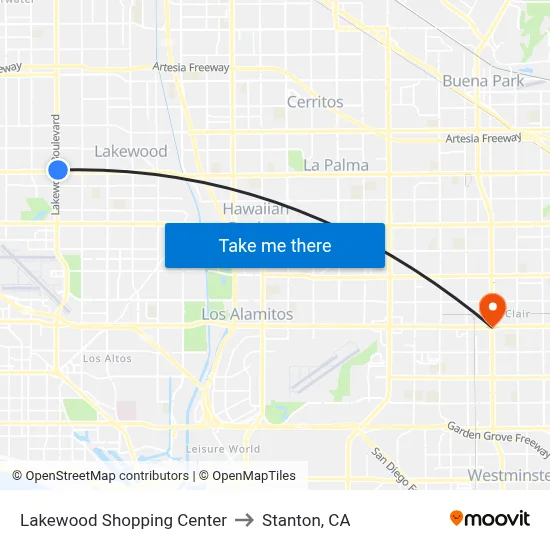 Lakewood Shopping Center to Stanton, CA map