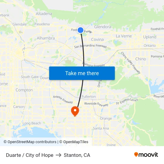 Duarte / City of Hope to Stanton, CA map