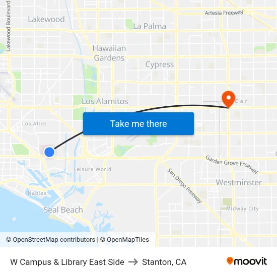 W Campus & Library East Side to Stanton, CA map