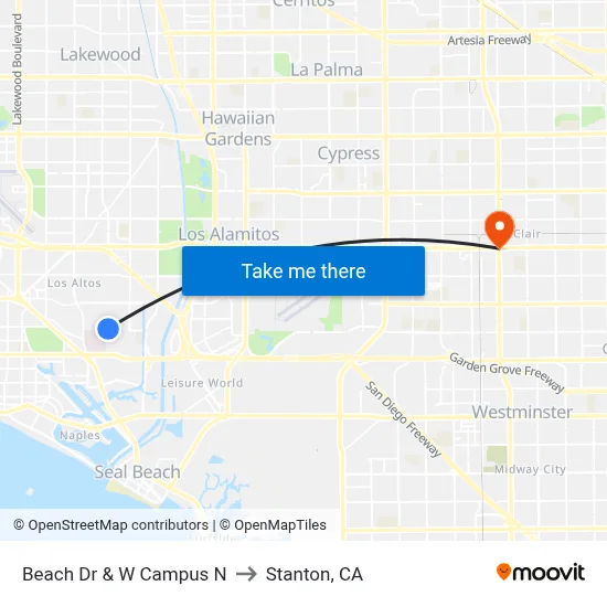Beach Dr & W Campus N to Stanton, CA map