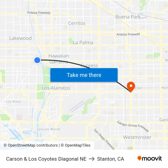 Carson & Los Coyotes Diagonal NE to Stanton, CA map