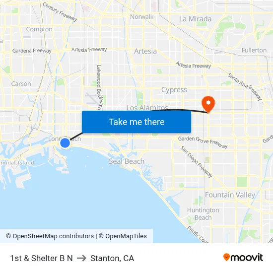 1st & Shelter B N to Stanton, CA map