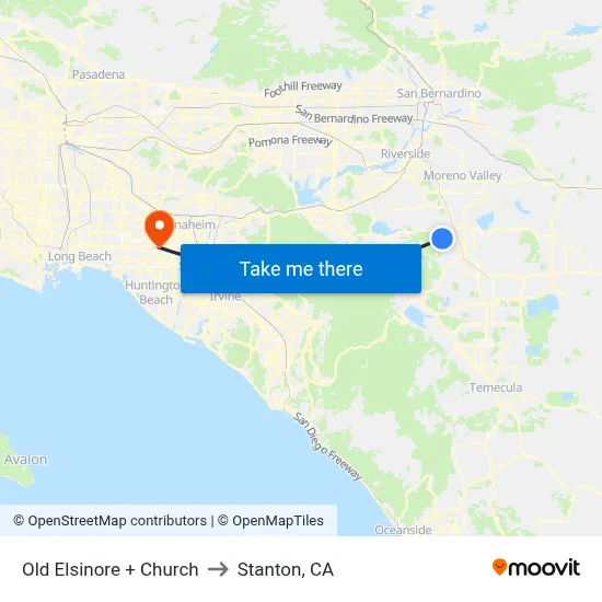 Old Elsinore + Church to Stanton, CA map