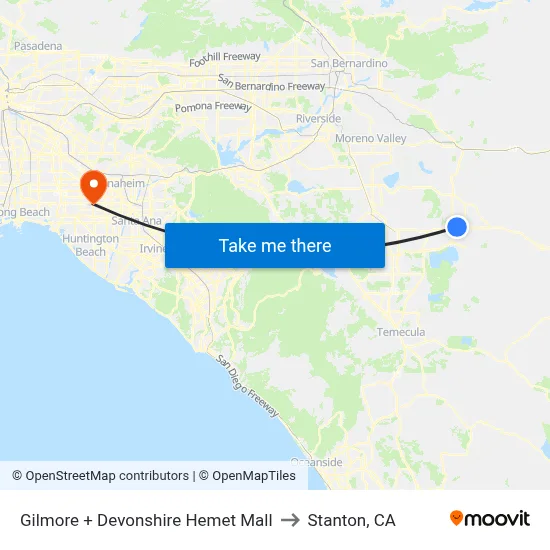 Gilmore + Devonshire Hemet Mall to Stanton, CA map