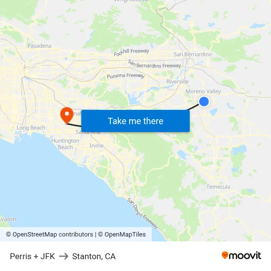 Perris + JFK to Stanton, CA map