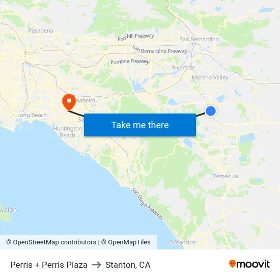 Perris + Perris Plaza to Stanton, CA map