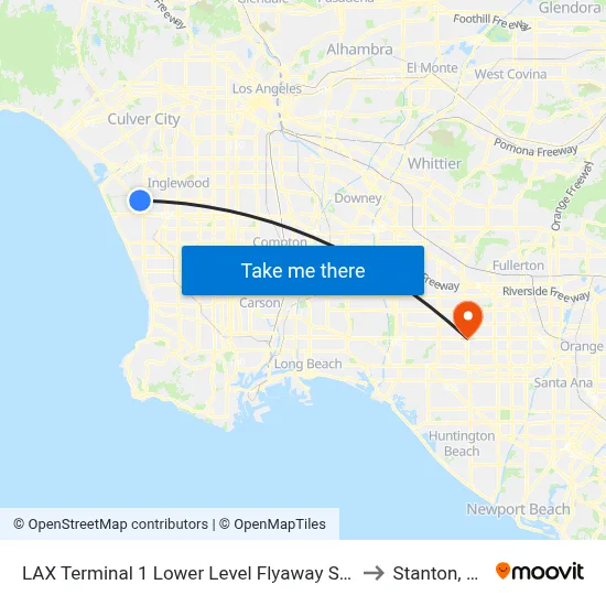 LAX Terminal 1 Lower Level Flyaway Stop to Stanton, CA map