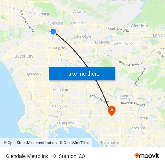 Glendale Metrolink to Stanton, CA map