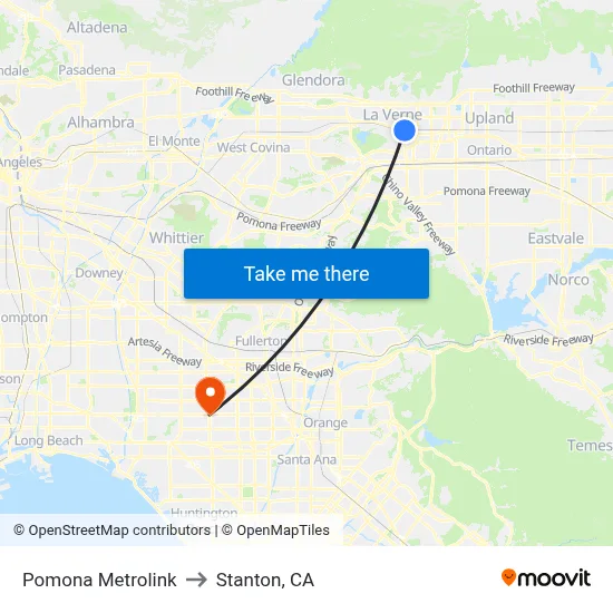 Pomona Metrolink to Stanton, CA map